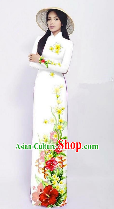 Traditional Top Grade Asian Vietnamese Jing Nationality Ha Festival Long Ao Dai Dress, Vietnam National Bride Printing White Cheongsam Costumes for Women