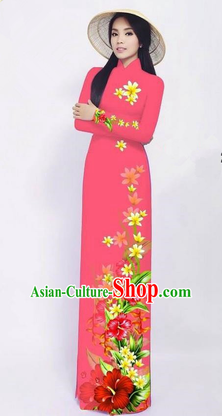 Traditional Top Grade Asian Vietnamese Jing Nationality Ha Festival Long Ao Dai Dress, Vietnam National Bride Printing Pink Cheongsam Costumes for Women