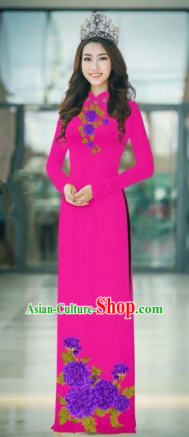 Traditional Top Grade Asian Vietnamese Ha Festival Rosy Long Ao Dai Dress, Vietnam National Jing Nationality Printing Cheongsam Costumes for Women