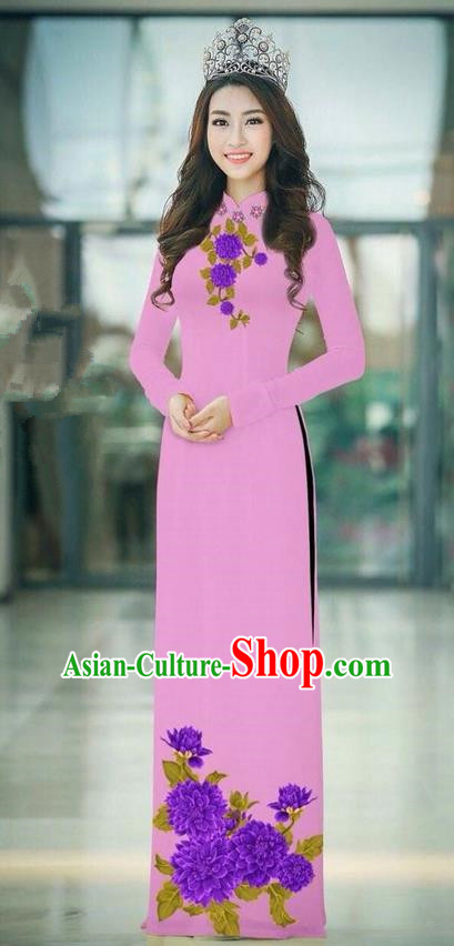 Traditional Top Grade Asian Vietnamese Ha Festival Pink Long Ao Dai Dress, Vietnam National Jing Nationality Printing Cheongsam Costumes for Women