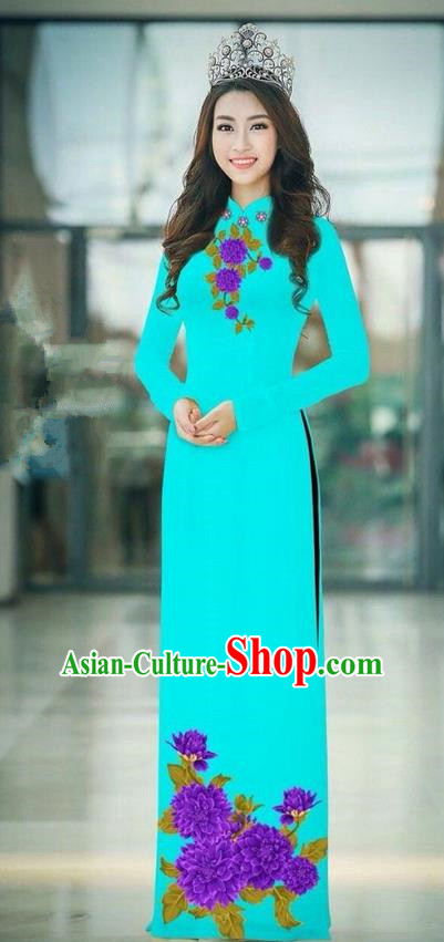 Traditional Top Grade Asian Vietnamese Ha Festival Blue Long Ao Dai Dress, Vietnam National Jing Nationality Printing Cheongsam Costumes for Women