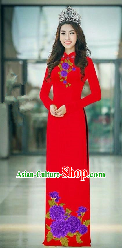 Traditional Top Grade Asian Vietnamese Ha Festival Red Long Ao Dai Dress, Vietnam National Jing Nationality Printing Cheongsam Costumes for Women
