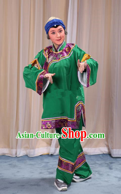 Traditional Chinese Beijing Opera Old Female Green Clothing and Shoes Headwear Complete Set, China Peking Opera Woman Matchmaker Costume Embroidered Opera Costumes