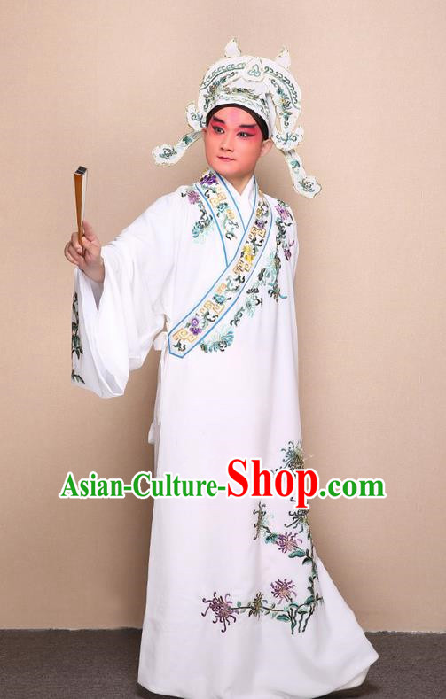 Traditional Chinese Beijing Opera Niche White Dress Clothing Complete Set, China Peking Opera Young Man Costume Embroidered Chrysanthemum Robe Opera Costumes