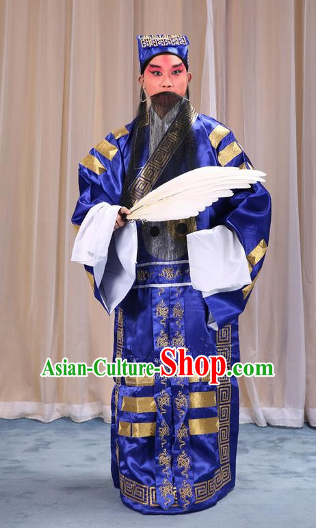 Traditional Chinese Beijing Opera Blue Eight Diagrams Clothing and Boots Feather Fan Complete Set, China Peking Opera Zhuge Liang Costume Embroidered Military Counsellor Robe Opera Costumes