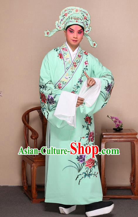 Traditional Chinese Beijing Opera Niche Green Dress Clothing and Boots Fan Complete Set, China Peking Opera Gifted Youth Man Costume Embroidered Robe Opera Costumes