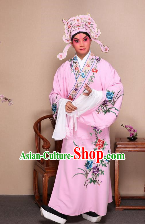 Traditional Chinese Beijing Opera Niche Pink Dress Clothing and Boots Fan Complete Set, China Peking Opera Gifted Youth Man Costume Embroidered Robe Opera Costumes