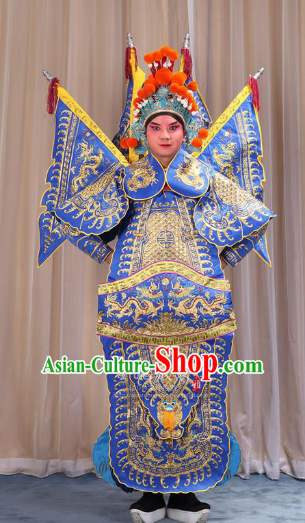 Traditional Chinese Beijing Opera Military Officer Armour Blue Clothing and Boots Complete Set, China Peking Opera Martial General Role Costume Embroidered Opera Costumes