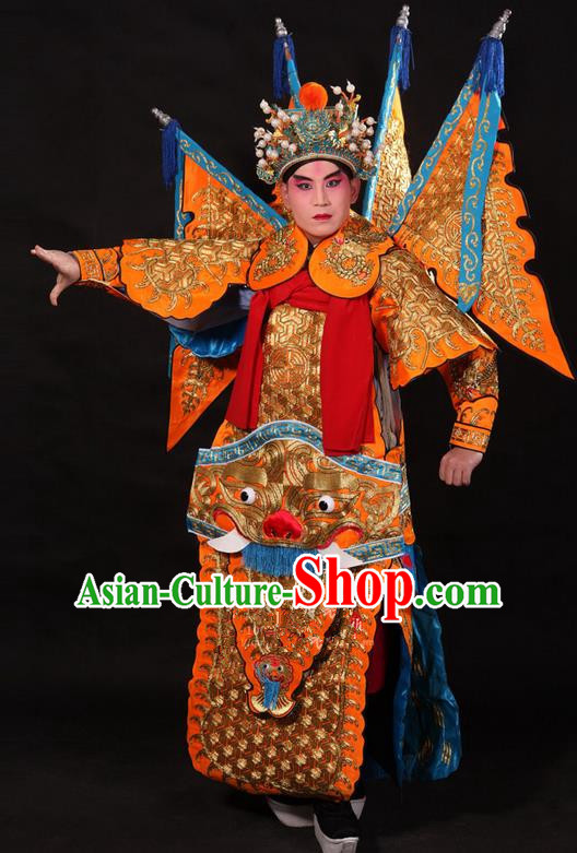 Traditional Chinese Beijing Opera Military Officer Armour Yellow Clothing and Boots Complete Set, China Peking Opera Martial General Role Costume Embroidered Opera Tiger Head Costumes