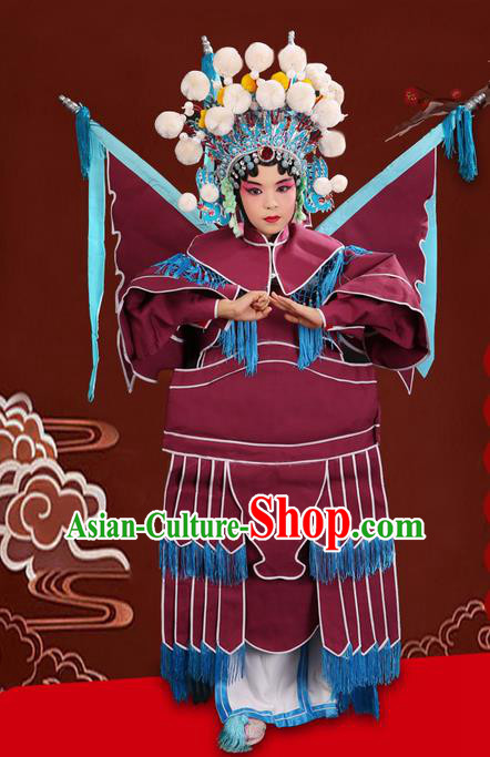 Traditional Chinese Beijing Opera Magic Warriors Purple Red Clothing and Flagpole Shoes Complete Set, China Peking Opera Blues Costume Embroidered Robe Opera Costumes for Kids