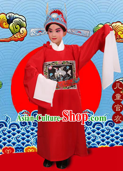 Traditional Chinese Beijing Opera Lang Scholar Red Clothing and Headwear Boots Complete Set, China Peking Opera Sesame official Costume Embroidered Robe Opera Costumes for Kids