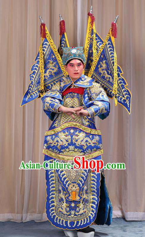 Traditional Chinese Beijing Opera Takefu Green Armour Blue Clothing and Boots Complete Set, China Peking Opera Martial General Role Costume Embroidered Opera Costumes