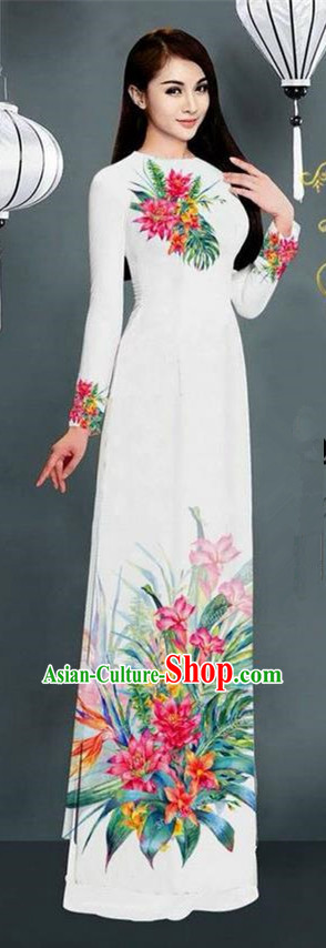 Traditional Top Grade Asian Vietnamese Ha Festival Printing Model Ao Dai Dress, Vietnam National Jing Nationality White Cheongsam Costumes for Women