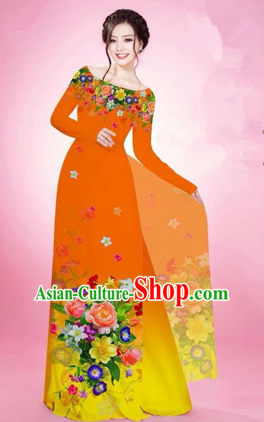 Traditional Top Grade Asian Vietnamese Ha Festival Printing Flowers Orange Ao Dai Dress, Vietnam National Jing Nationality Off Shoulder Cheongsam Costumes for Women