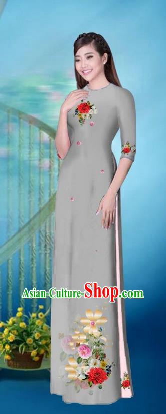 Traditional Top Grade Asian Vietnamese Ha Festival Printing Model Ao Dai Dress, Vietnam National Jing Nationality Princess Grey Cheongsam Costumes for Women