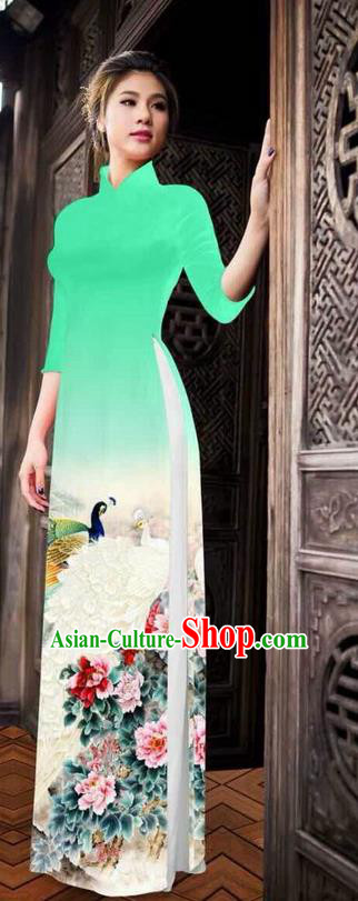 Traditional Top Grade Asian Vietnamese Ha Festival Printing Peony Light Green Ao Dai Dress, Vietnam National Jing Nationality Princess Cheongsam Costumes for Women