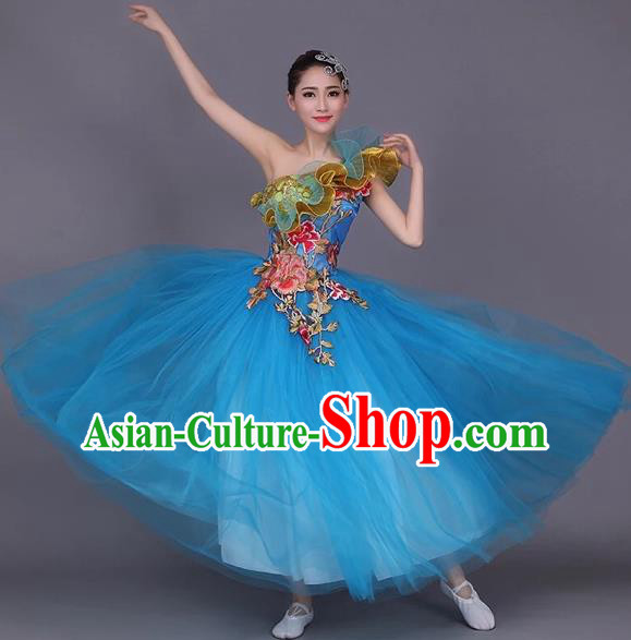 Top Grade Compere Professional Performance Costume, Chorus Formal Dress Modern Dance Blue Bubble Dress for Women