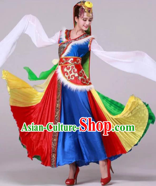 Traditional Chinese Zang Nationality Dancing Costume, Tibetan Female Dance Water Sleeve Dress, Chinese Minority Nationality Red Dress for Women