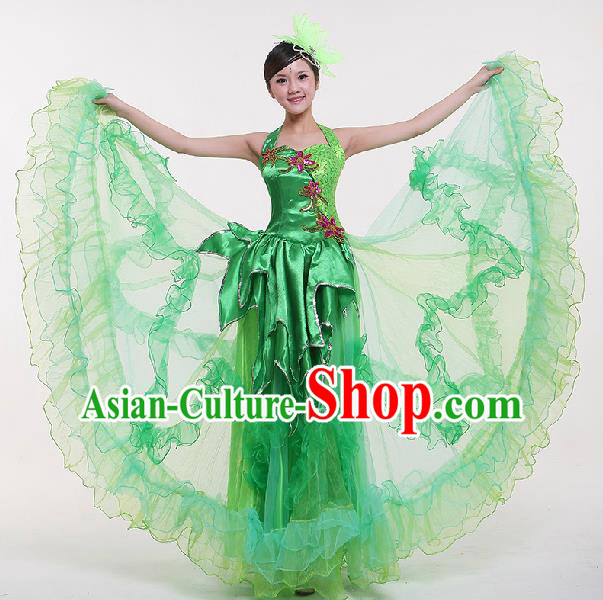 Top Grade Compere Professional Compere Costume, Chorus Dress Modern Opening Dance Big Swing Green Dress for Women