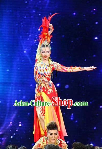 Traditional Chinese Nationality Dance Costume, Female Auspicious Bird Dance Dress, Chinese Minority Nationality Feather Clothing for Women
