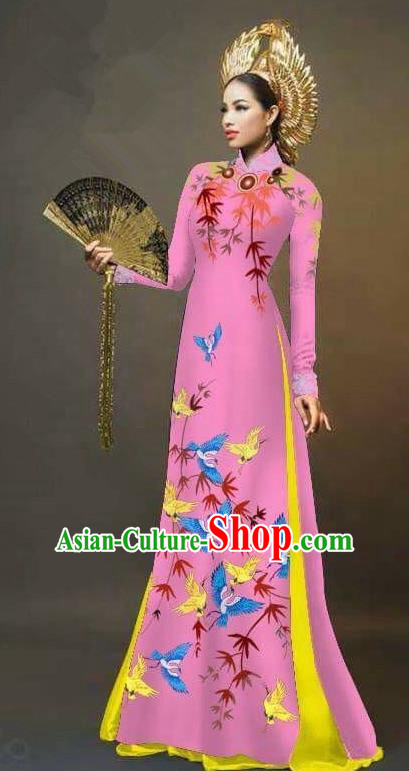 Traditional Top Grade Asian Vietnamese Ha Festival Printing Cranes Ao Dai Dress, Vietnam Women National Jing Nationality Queen Pink Cheongsam Bride Costumes