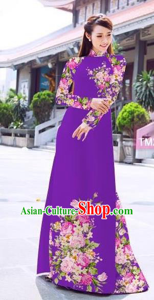 Traditional Top Grade Asian Vietnamese Ha Festival Printing Flowers Purple Ao Dai Dress, Vietnam Women National Jing Nationality Princess Cheongsam Bride Costumes