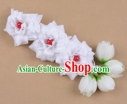 Chinese Ancient Peking Opera White Flowers Hair Accessories, Traditional Chinese Beijing Opera Props Head Ornaments Hua Tan Flocking Headwear Hairpins