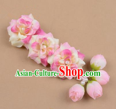 Chinese Ancient Peking Opera Pink Flowers Hair Accessories, Traditional Chinese Beijing Opera Props Head Ornaments Hua Tan Flocking Headwear Hairpins