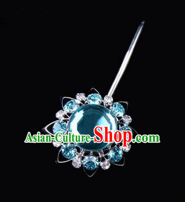 Chinese Ancient Peking Opera Pink Flowers Hair Accessories Headwear, Traditional Chinese Beijing Opera Props Head Ornaments Hua Tan Blue Crystal Bulb Hairpins