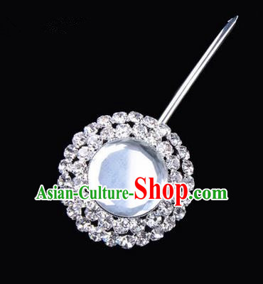 Chinese Ancient Peking Opera Pink Flowers Hair Accessories Headwear, Traditional Chinese Beijing Opera Head Ornaments Hua Tan Double Ring White Crystal Bulb Hairpins