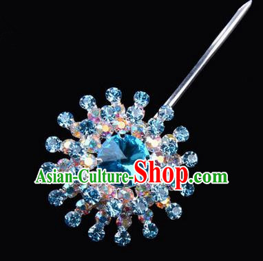 Chinese Ancient Peking Opera Pink Flowers Hair Accessories Headwear, Traditional Chinese Beijing Opera Head Ornaments Hua Tan Colorful Blue Crystal Bulb Hairpins