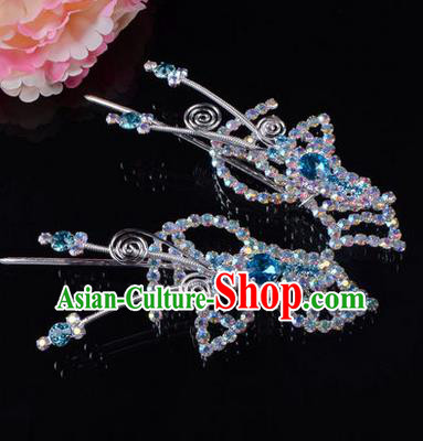 Chinese Ancient Peking Opera Hair Accessories Young Lady Headwear, Traditional Chinese Beijing Opera Head Ornaments Hua Tan Butterfly Blue Crystal Hairpins
