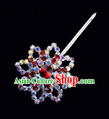 Chinese Ancient Peking Opera Pink Flowers Hair Accessories Headwear, Traditional Chinese Beijing Opera Head Ornaments Hua Tan Colorful Red Octagon Crystal Bulb Hairpins