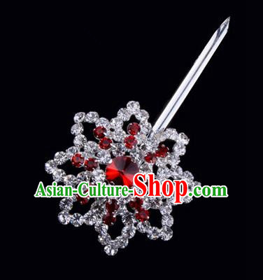 Chinese Ancient Peking Opera Pink Flowers Hair Accessories Headwear, Traditional Chinese Beijing Opera Head Ornaments Hua Tan Red Octagon Crystal Bulb Hairpins