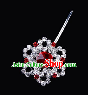 Chinese Ancient Peking Opera Pink Flowers Hair Accessories Headwear, Traditional Chinese Beijing Opera Head Ornaments Hua Tan Red Hexagonal Crystal Bulb Hairpins