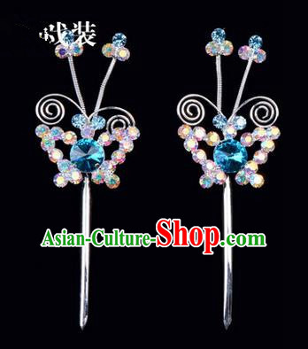 Chinese Ancient Peking Opera Pink Flowers Hair Accessories Headwear, Traditional Chinese Beijing Opera Head Ornaments Hua Tan Colorful Blue Butterfly Crystal Hairpins