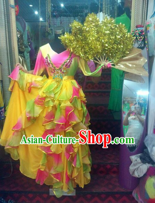 Top Grade Compere Professional Compere Costume, Ballroom Dance Dress Modern Opening Dance Fan Dance Big Swing Yellow Dress for Women