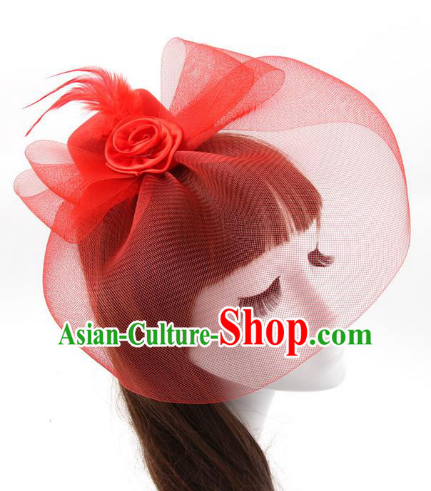 Top Modern Dance Hair Accessories, Female Red Veil Top Hat Ornament Headband for Women