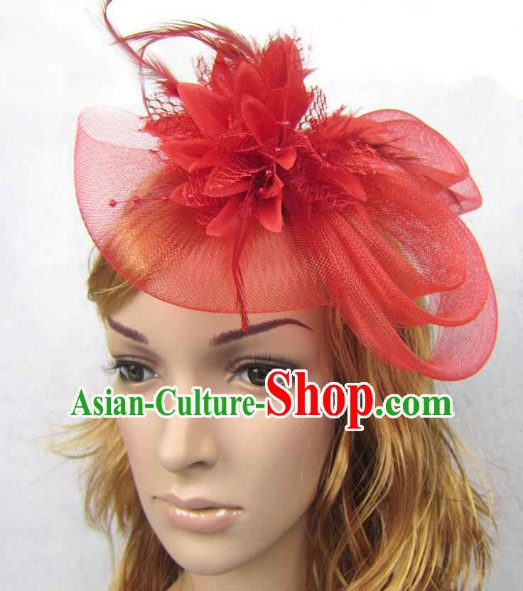 Top Modern Dance Hair Accessories Hair Clasp, Female Red Flower Veil Top Hat Ornament Headband for Women