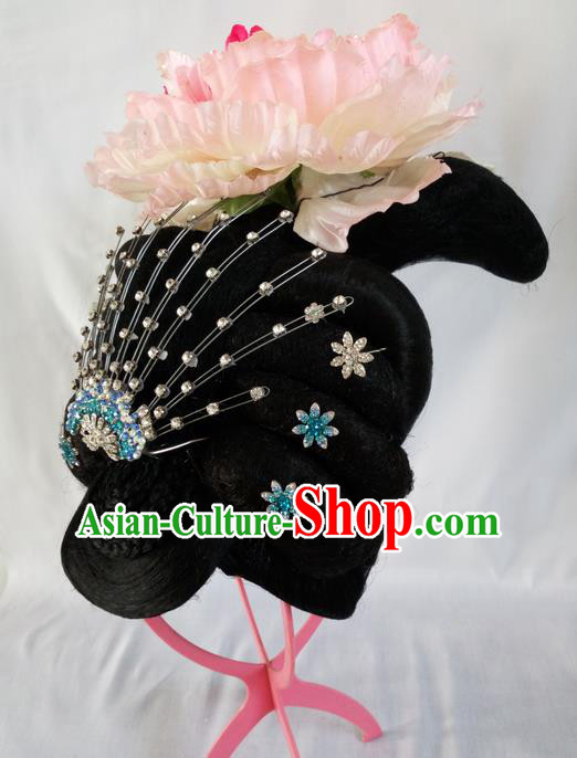 Traditional Chinese Peking Opera Imperial Concubine Wigs and Hair Accessories Complete Set, China Tang Dynasty Palace Lady High-grade Headwear for Women