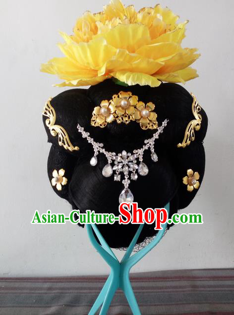Traditional Chinese Peking Opera Flying Dance Headgear Wigs and Hair Accessories Complete Set, China Tang Dynasty Imperial Consort High-grade Headwear for Women