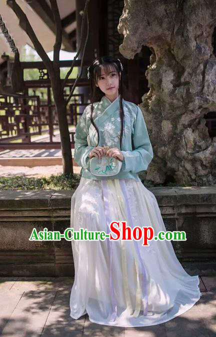 Traditional Chinese Ancient Ming Dynasty Female Costumes, China Hanfu Embroidered Slant Opening Blouse and Ru Skirt Complete Set for Women