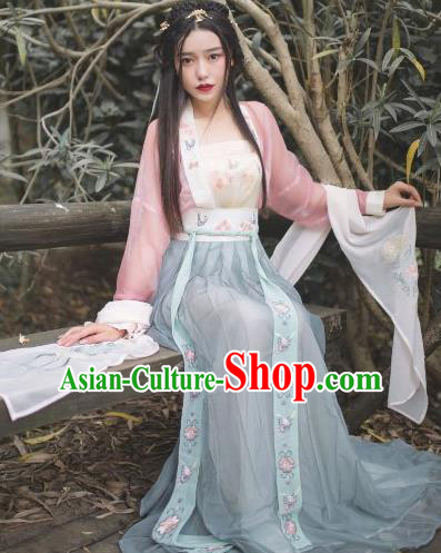 Traditional Chinese Ancient Tang Dynasty Young Lady Costumes, China Princess Hanfu Embroidered Suspenders Blouse and Ru Skirt Complete Set for Women