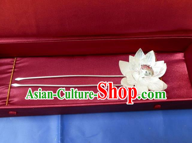 Traditional Handmade Chinese Ancient Classical Hair Accessories Barrettes Manchu Imperial Princess Pure Sliver Lotus Flower Hairpins Bride Step Shake Hair Ornament for Women