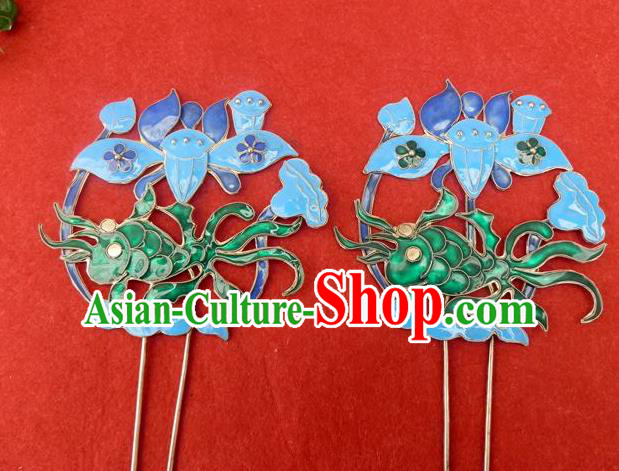 Traditional Handmade Chinese Ancient Classical Hair Accessories Headwear Barrettes Hanfu Hairpins, Ming Dynasty Imperial Blueing Fish Step Shake Hair Clasps Hair Jewellery for Women