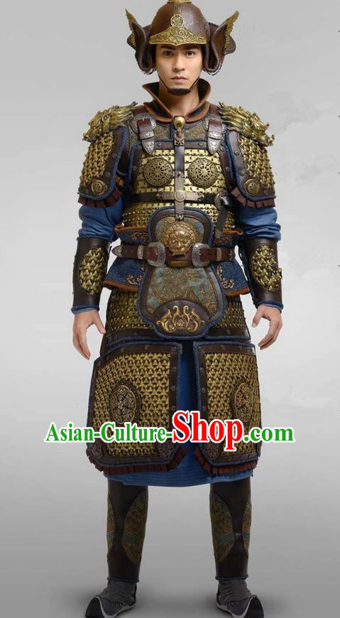 Chinese Ancient Tang Dynasty General Armour Costume and Headwear Complete Set, Traditional Chinese Ancient Warrior Swordsman Helmet Clothing for Men