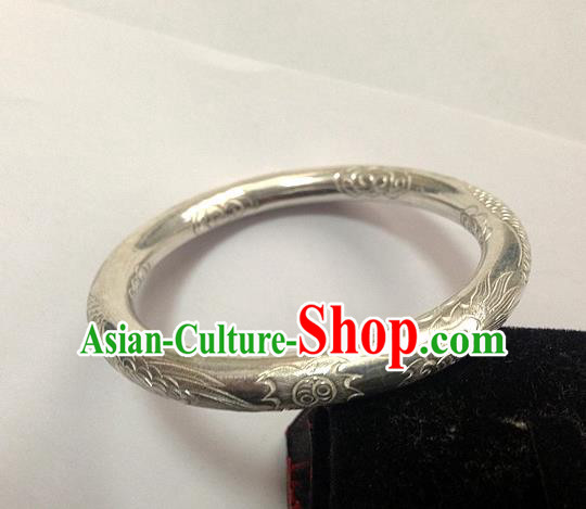 Traditional Chinese Miao Nationality Accessories Bracelet, Hmong Female Ethnic Pure Sliver Phoenix Bangle for Women