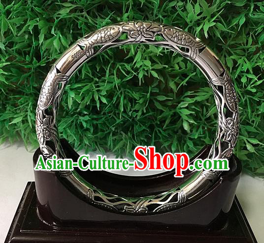 Traditional Chinese Miao Nationality Accessories Hollow Bracelet, Hmong Female Ethnic Pure Sliver Bangle for Women