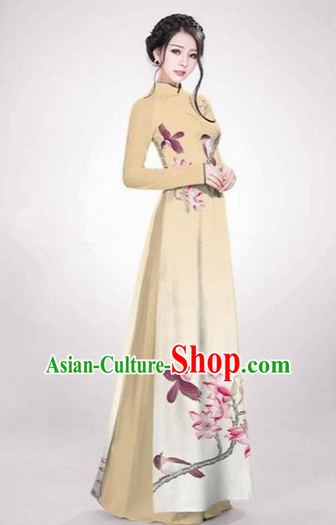 Top Grade Asian Vietnamese Traditional Dress, Vietnam Ao Dai Dress Khaki Cheongsam Clothing for Women