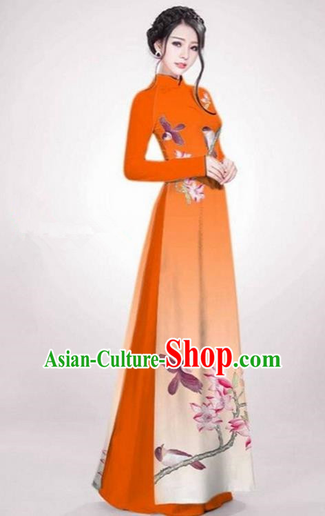Top Grade Asian Vietnamese Traditional Dress, Vietnam Ao Dai Dress Orange Cheongsam Clothing for Women